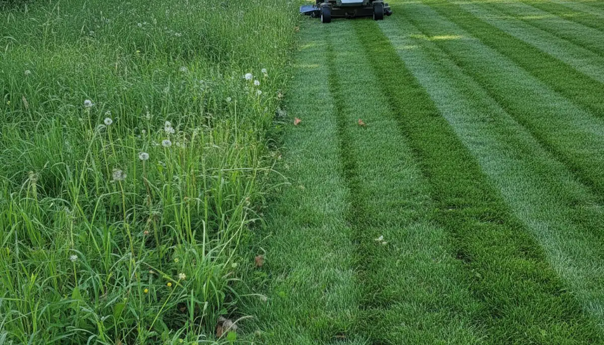 Before and after professional lawn mowing in Mountain View, CA showing lush, even grass transformation