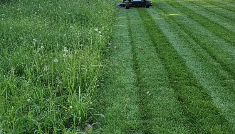 Before and after professional lawn mowing in Mountain View, CA showing lush, even grass transformation