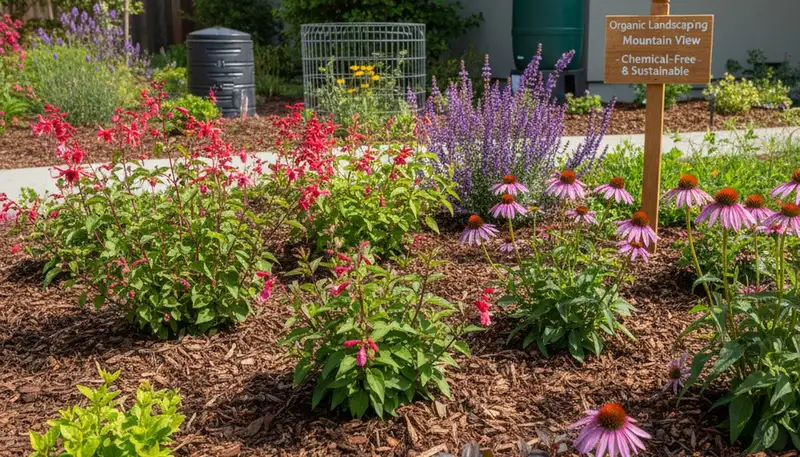 Organic landscape beds with lush plants and natural mulch in Mountain View, CA by Chop Chop Landscaping