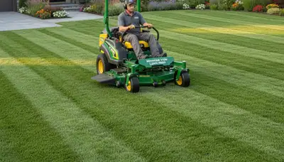 Commercial mower creating striped lawn patterns by Chop Chop Landscaping in Mountain View, CA