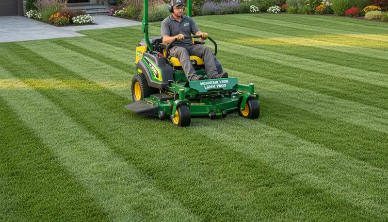 Commercial mower creating striped lawn patterns by Chop Chop Landscaping in Mountain View, CA