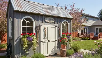 Decorative garden shed with custom landscape design by Chop Chop Landscaping in Mountain View, CA