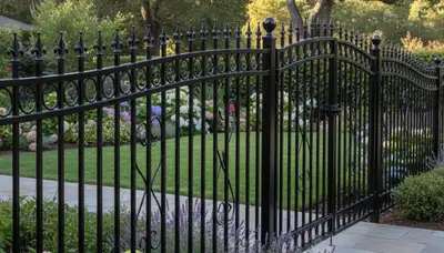 Ornamental black metal fence installation by Chop Chop Landscaping in Mountain View, CA