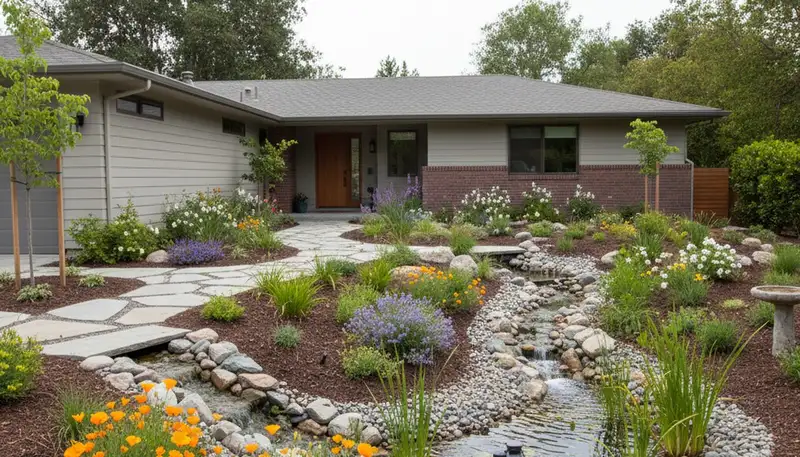 Eco-friendly rain garden with natural filtration and water recycling in Mountain View, CA landscaping