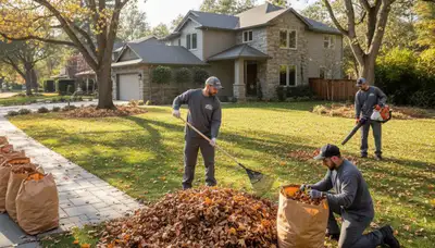 Technicians performing fall leaf removal and yard clean up in Mountain View, CA landscaping project