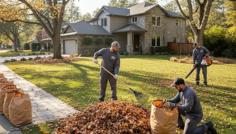 Technicians performing fall leaf removal and yard clean up in Mountain View, CA landscaping project