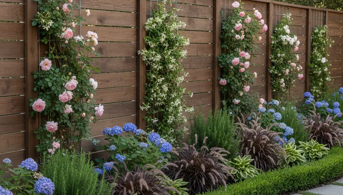 Custom fence with climbing plants and landscape beds by Chop Chop Landscaping in Mountain View, CA