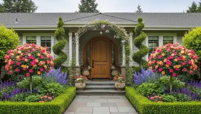 Front yard landscaping with colorful plants and shaped shrubs in Mountain View, CA