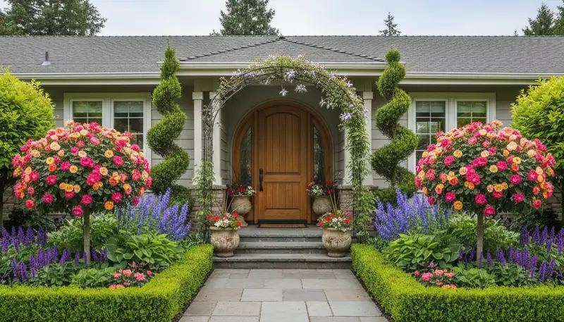 Front yard landscaping with colorful plants and shaped shrubs in Mountain View, CA