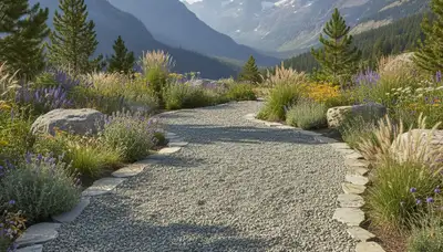 Pea gravel garden path in Mountain View CA landscape by Chop Chop Landscaping showing natural design