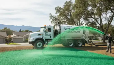Hydroseeder truck spraying green slurry for lawn hydroseeding in Mountain View, CA landscaping project