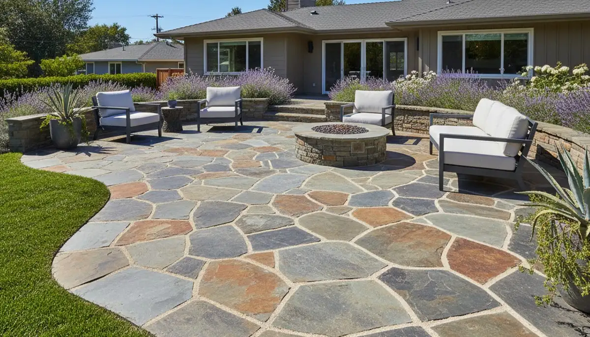 Modern large stone slab patio installation by landscaping experts in Mountain View, CA