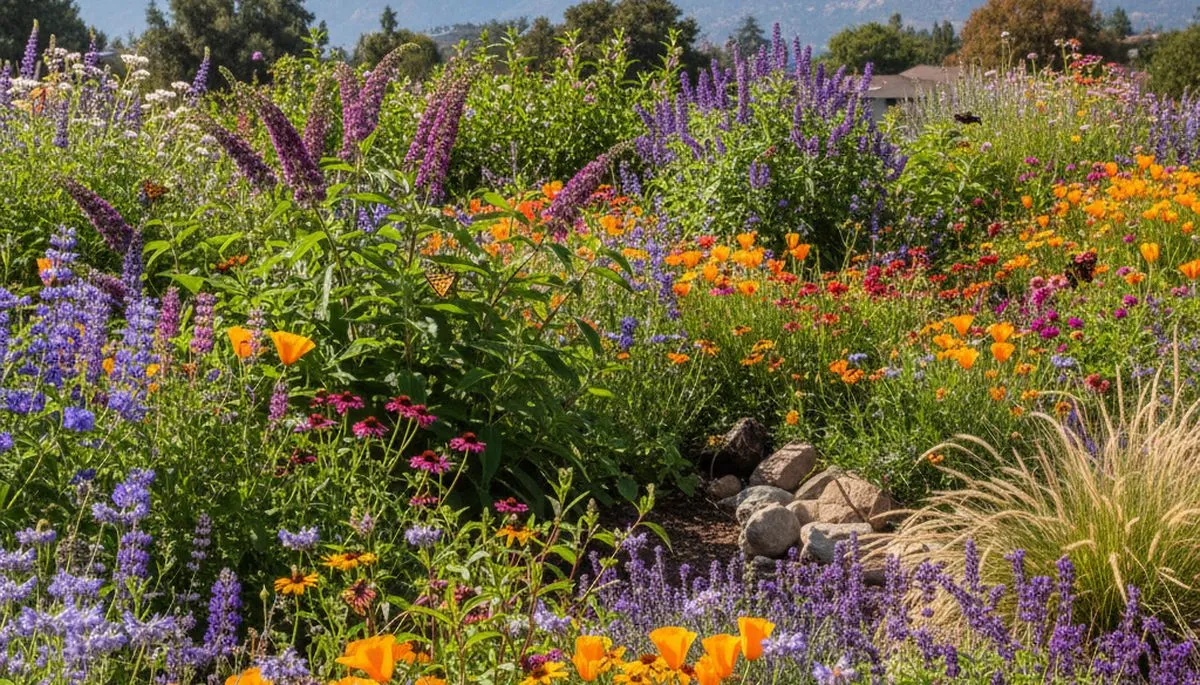 Native pollinator garden with bee-friendly flowers in Mountain View CA by organic landscaping experts