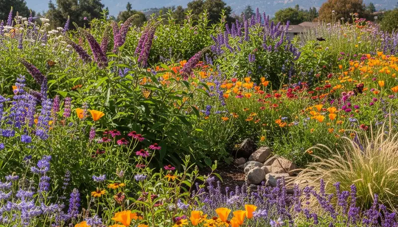Native pollinator garden with bee-friendly flowers in Mountain View CA by organic landscaping experts