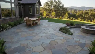 Natural flagstone patio with slate pavers by Chop Chop Landscaping in Mountain View, CA