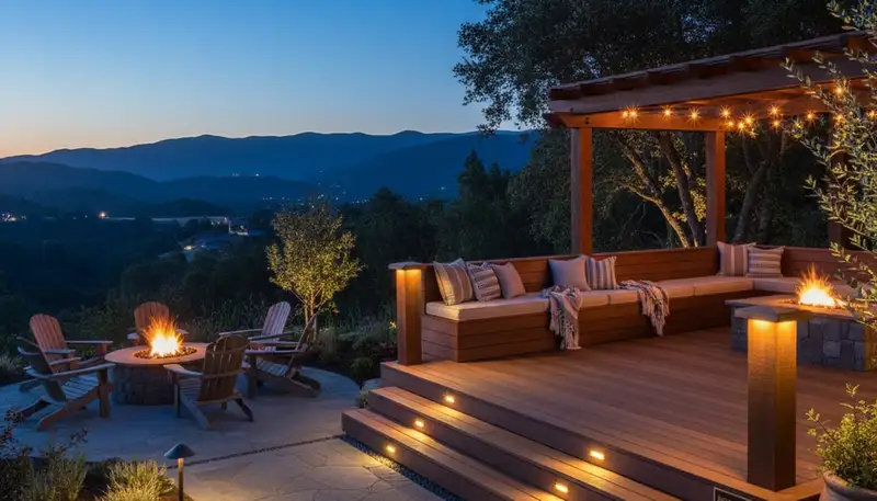 Evening patio and deck lighting design by Chop Chop Landscaping in Mountain View, CA