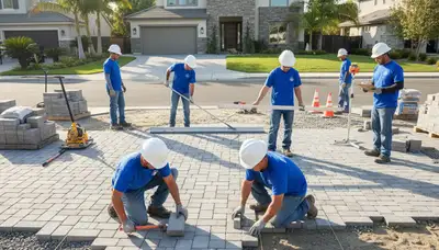 Professional crew installing driveway pavers in Mountain View, CA for Chop Chop Landscaping