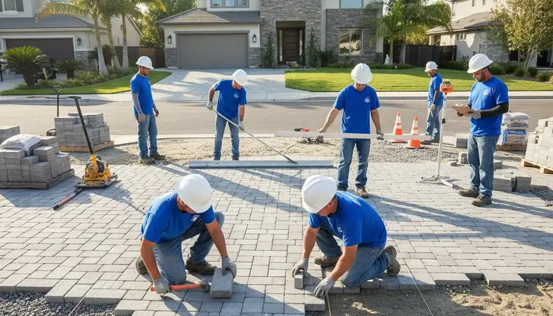 Professional crew installing driveway pavers in Mountain View, CA for Chop Chop Landscaping