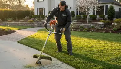 Technician performing precise lawn edging with string trimmer in Mountain View, CA landscaping service
