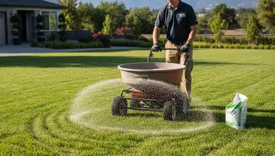 Lawn care technician spreading fertilizer on residential turf in Mountain View, CA