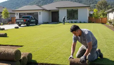 Professional landscaper installing sod rolls with precise seams in Mountain View, CA lawn project