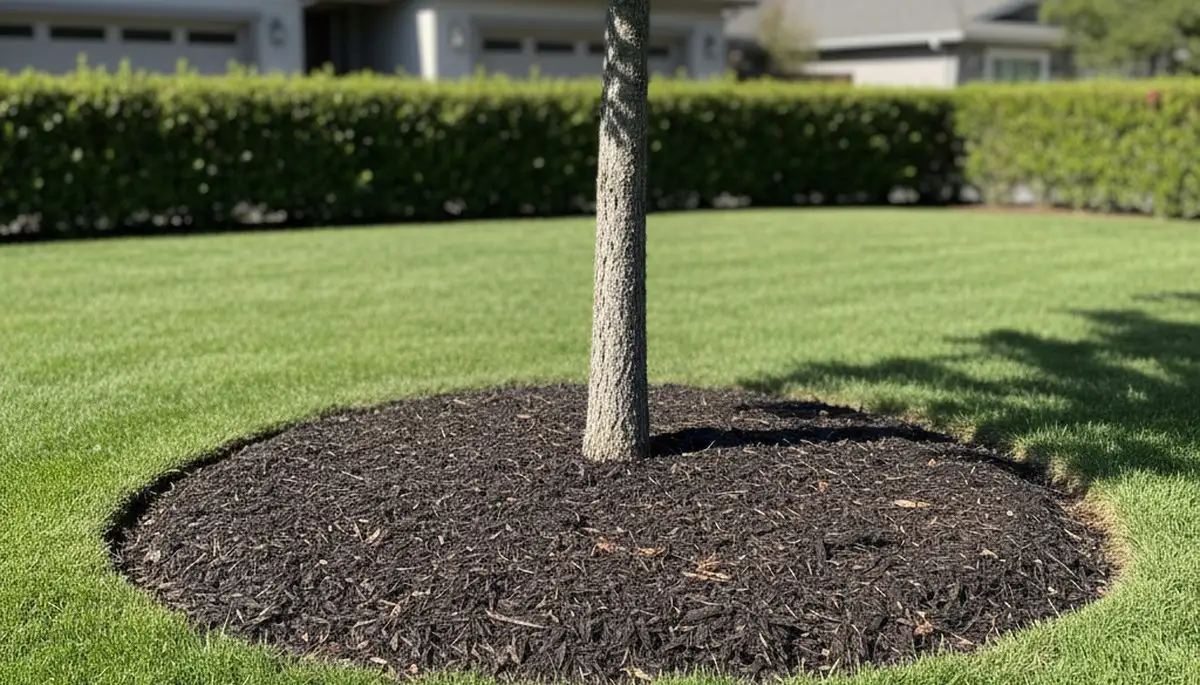 Professional circular tree mulch ring installation by landscapers in Mountain View, CA