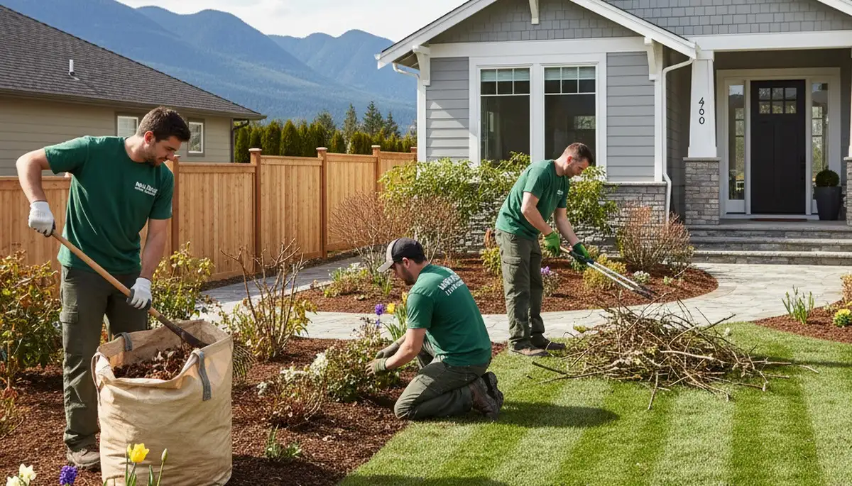 Landscapers performing spring yard cleanup and garden prep in Mountain View, CA