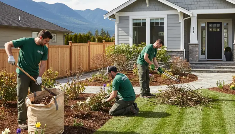 Landscapers performing spring yard cleanup and garden prep in Mountain View, CA