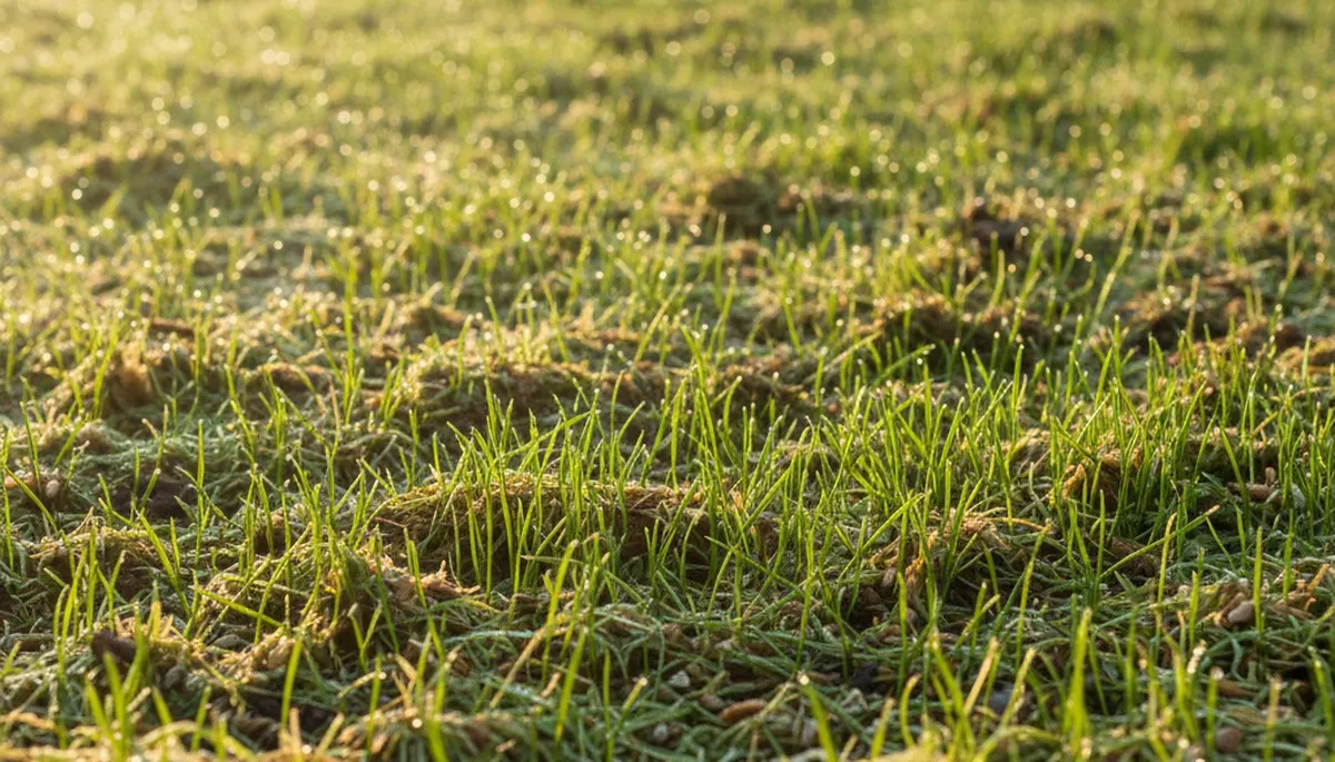 New grass seedlings from hydroseeding showing early lawn growth in Mountain View, CA landscaping project
