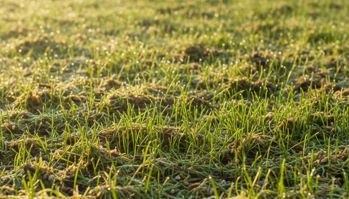 New grass seedlings from hydroseeding showing early lawn growth in Mountain View, CA landscaping project