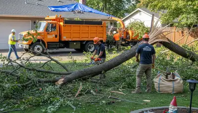 Landscapers removing storm debris and fallen branches during yard clean up in Mountain View, CA