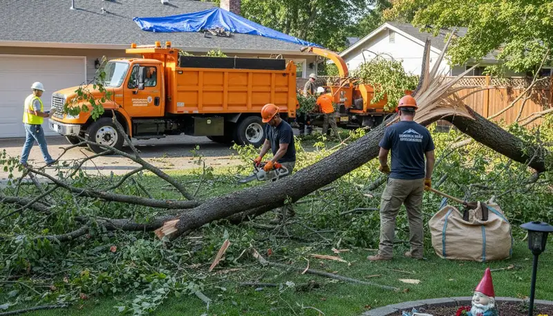 Landscapers removing storm debris and fallen branches during yard clean up in Mountain View, CA