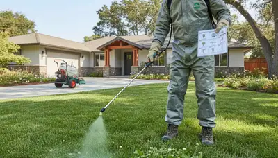 Lawn care technician applying targeted weed control treatment in Mountain View, CA turf lawn.