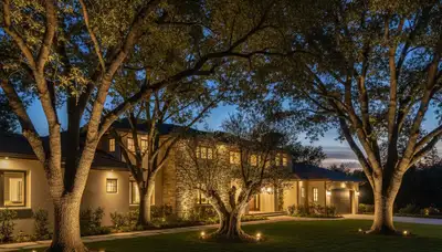 Tree uplighting highlights mature trees at night, showcasing professional landscape lighting in Mountain View, CA