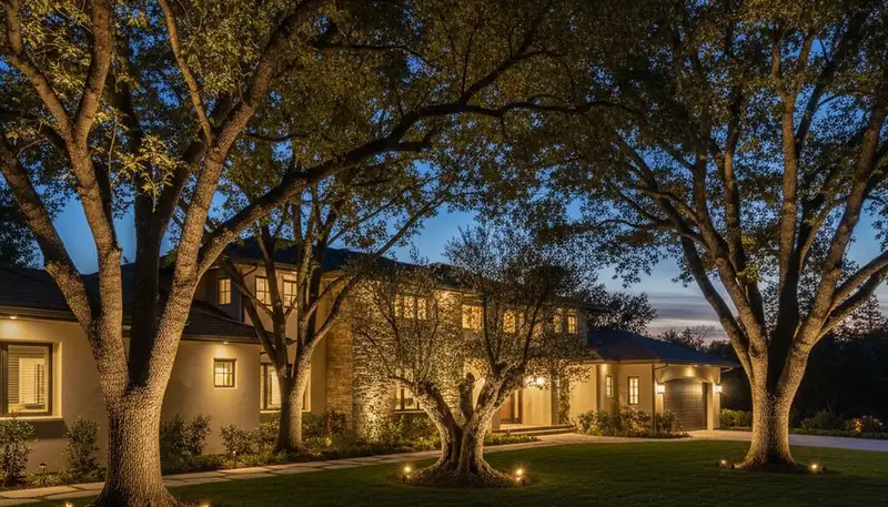 Tree uplighting highlights mature trees at night, showcasing professional landscape lighting in Mountain View, CA