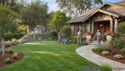 Pristine residential lawn with manicured landscape beds in Mountain View, CA by Chop Chop Landscaping